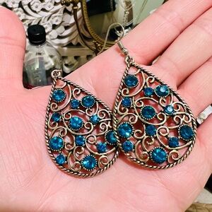 Blue and Silver Filigree Teardrop Earrings